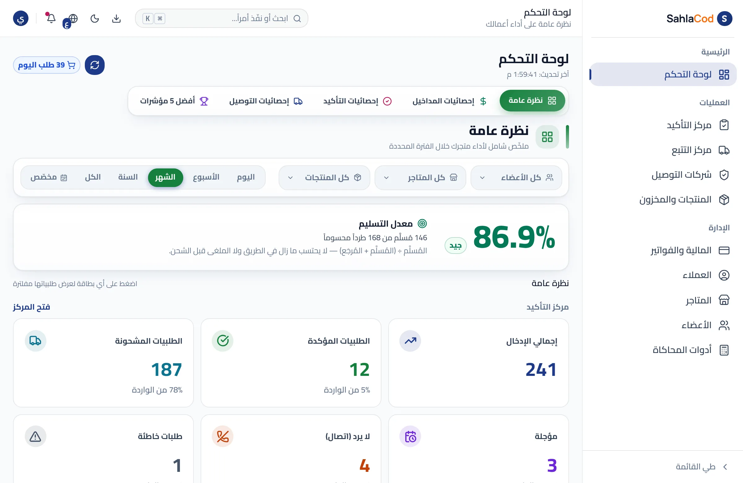 لوحة التحكم: نظرة عامة على التأكيد والتتبع ومعدل التسليم
