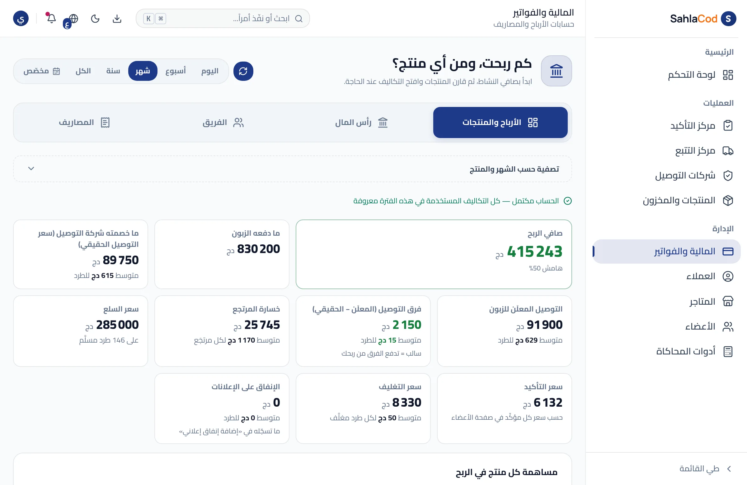 صفحة المالية: صافي الربح وما خصمته شركة التوصيل وفرق التوصيل وخسارة المرتجع